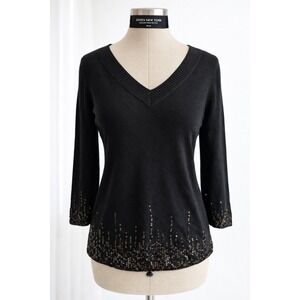 Jones New York Sweater PM Black Silk Cashmere Sequin Holiday Glam Chic Petite